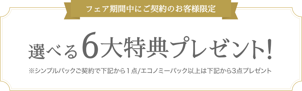 フェア期間中にご契約のお客様限定 選べる6大特典プレゼント！ ※シンプルパックご契約で下記から1点/エコノミーパック以上は3点プレゼント