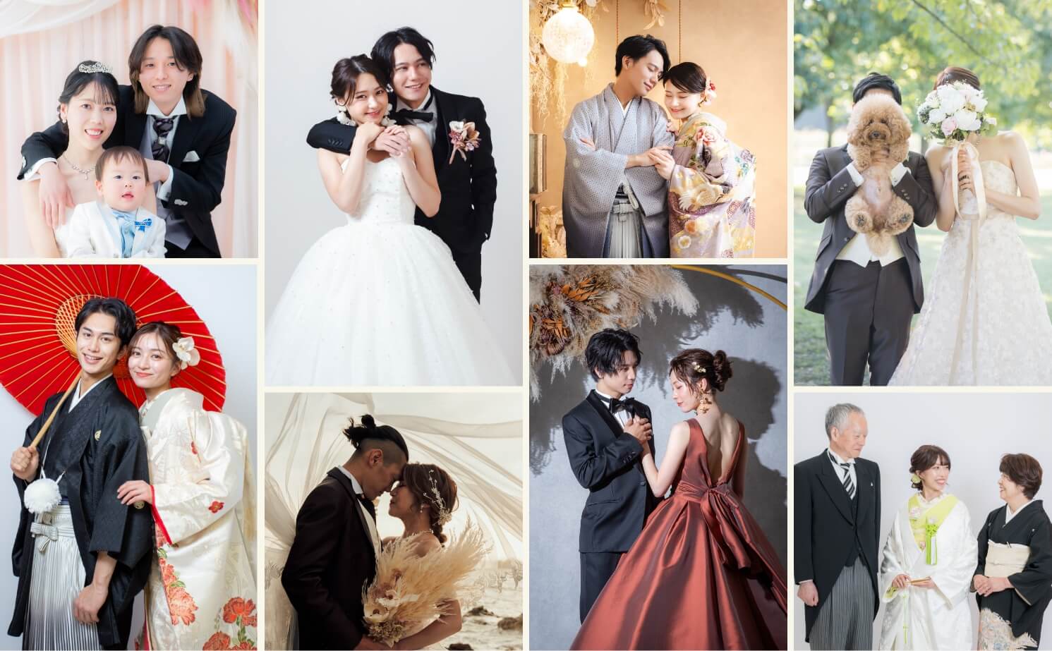 伝統的な和装や最旬ブランドドレス、タキシードを着た花嫁と新郎が様々なスタジオやロケーションで撮影するイメージ