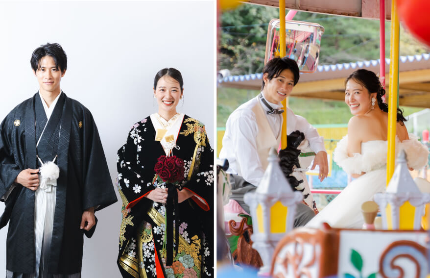 中道理央也さんと西山真央さんの和装イメージと、洋装でメリーゴーランドに乗っているイメージ