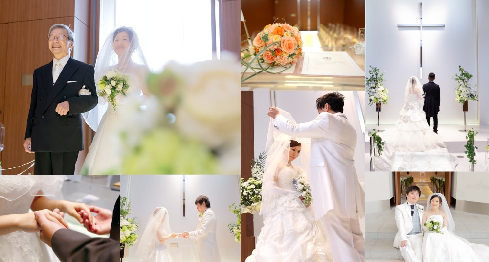 チャペルで「入場」「 結婚証明書にサイン」「指輪交換」「ウェディングキス」「 退場」の各シーンを撮影している様子