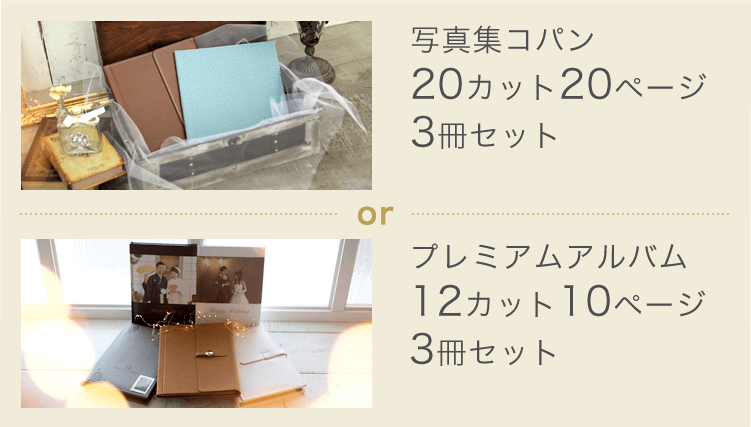 「写真集コパン（20カット、20ページ）3冊セット」or「プレミアムアルバム（12カット、10ページ）3冊セット」