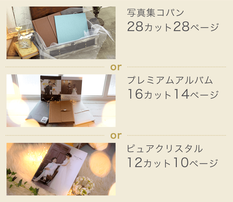 「写真集コパン（28カット、28ページ）」or「プレミアムアルバム（16カット、14ページ）」or「ピュアクリスタル（12カット、10ページ）」