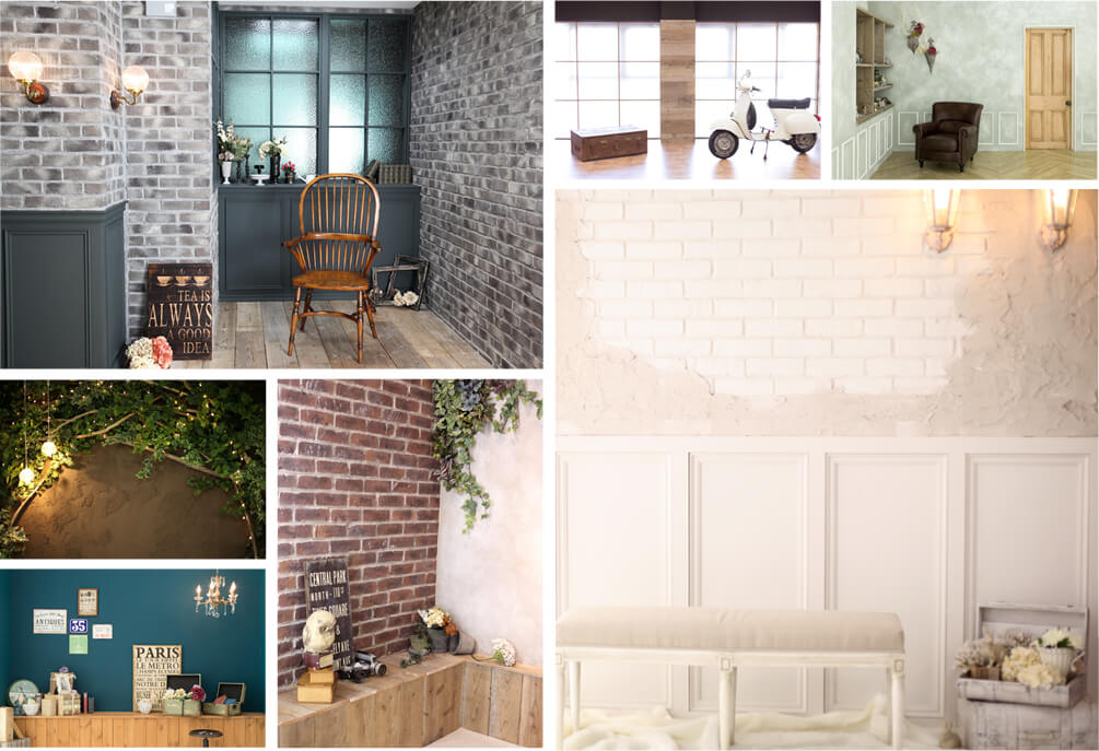 レンガ造りの壁やアンティーク雑貨があるスタジオ、白を基調としたスタジオといった洋装にピッタリあうスタジオを集めたイメージ