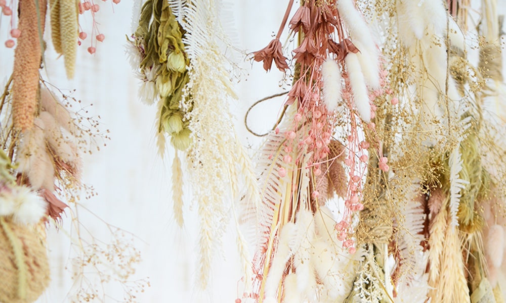 淡いピンクや白、緑の花々で作られたスワッグが明るい白の壁面を彩る「マイブライド豊橋」のスタジオイメージ